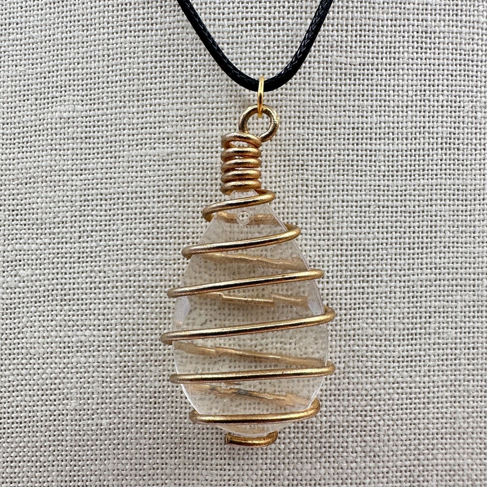 Vintage Y2K Clear Glass Teardrop Gold Wire Wrapped Pendant Necklace